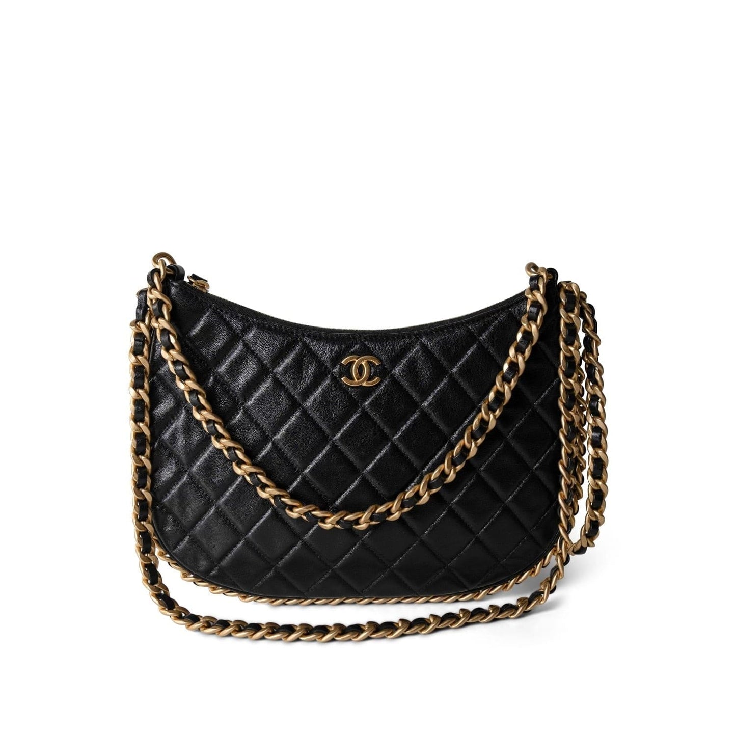 23B Black Shiny Crumpled Lambskin Quilted Large CC Hobo Bag Aged Gold Hardware