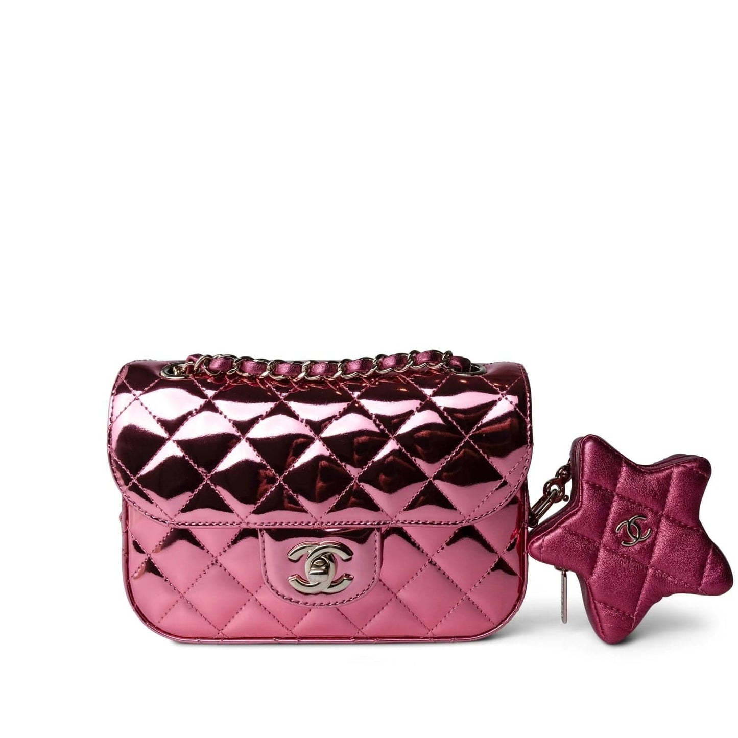24C Shiny Pink Calfskin Quilted Flap Bag & Coin Purse