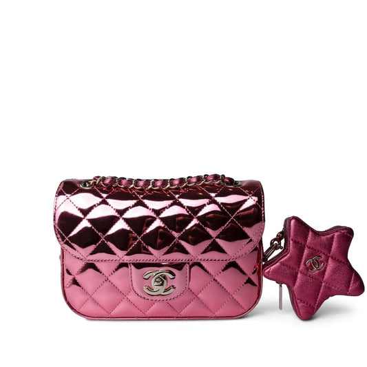 24C Shiny Pink Calfskin Quilted Flap Bag & Coin Purse