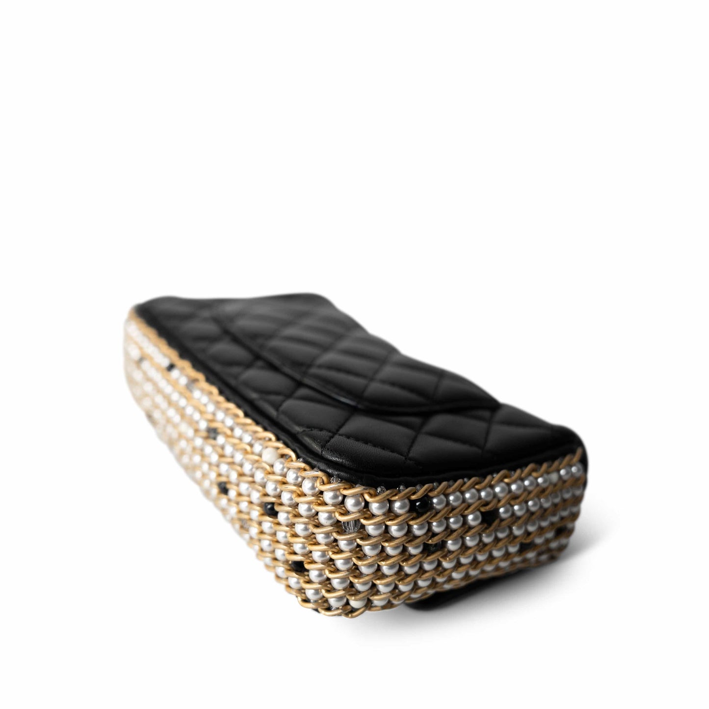 Black Lambskin Quilted Mini River of Pearls Flap Bag Aged Gold Hardware