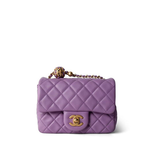 22S Purple Lambskin Quilted Pearl Crush Mini Square Aged Gold Hardware