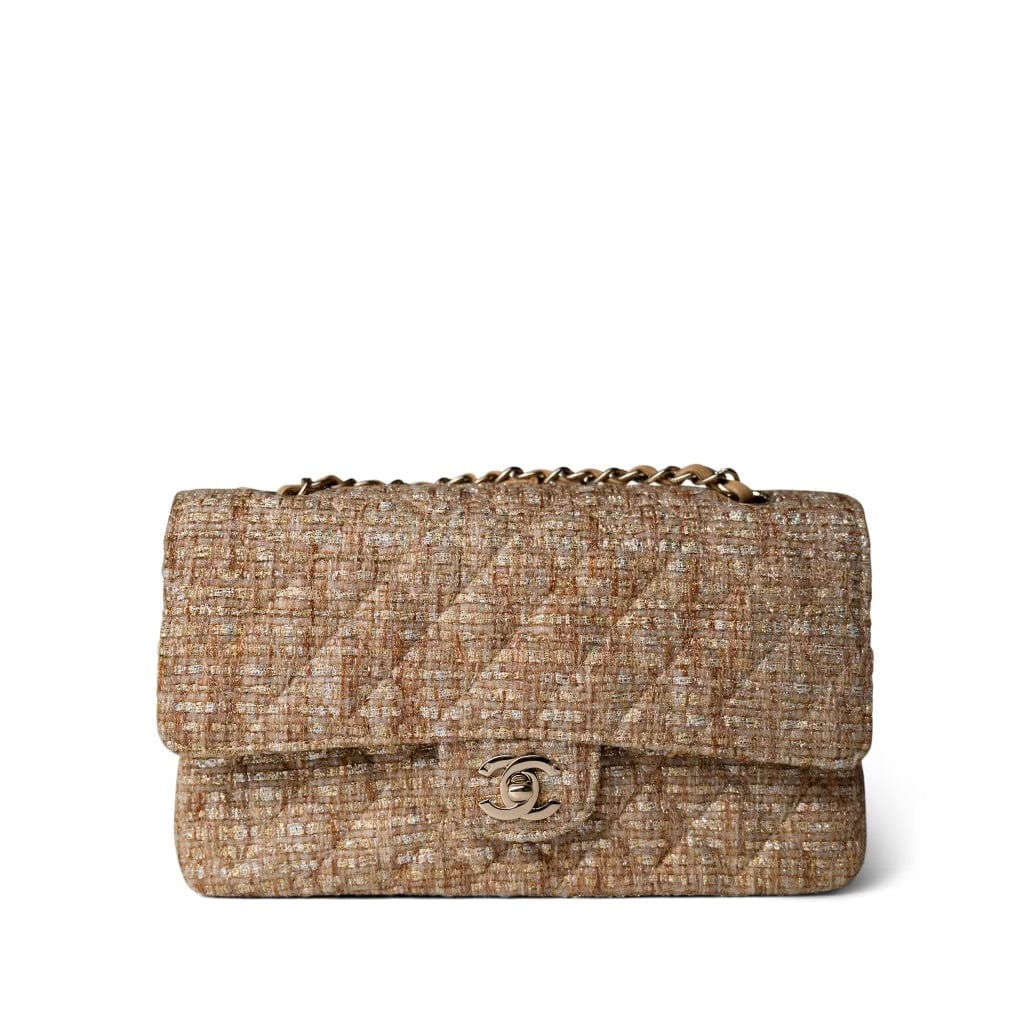 Bronze Gold Silver Tweed Quilted Beige Classic Flap Medium