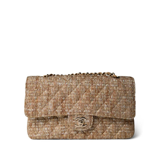 Bronze Gold Silver Tweed Quilted Beige Classic Flap Medium