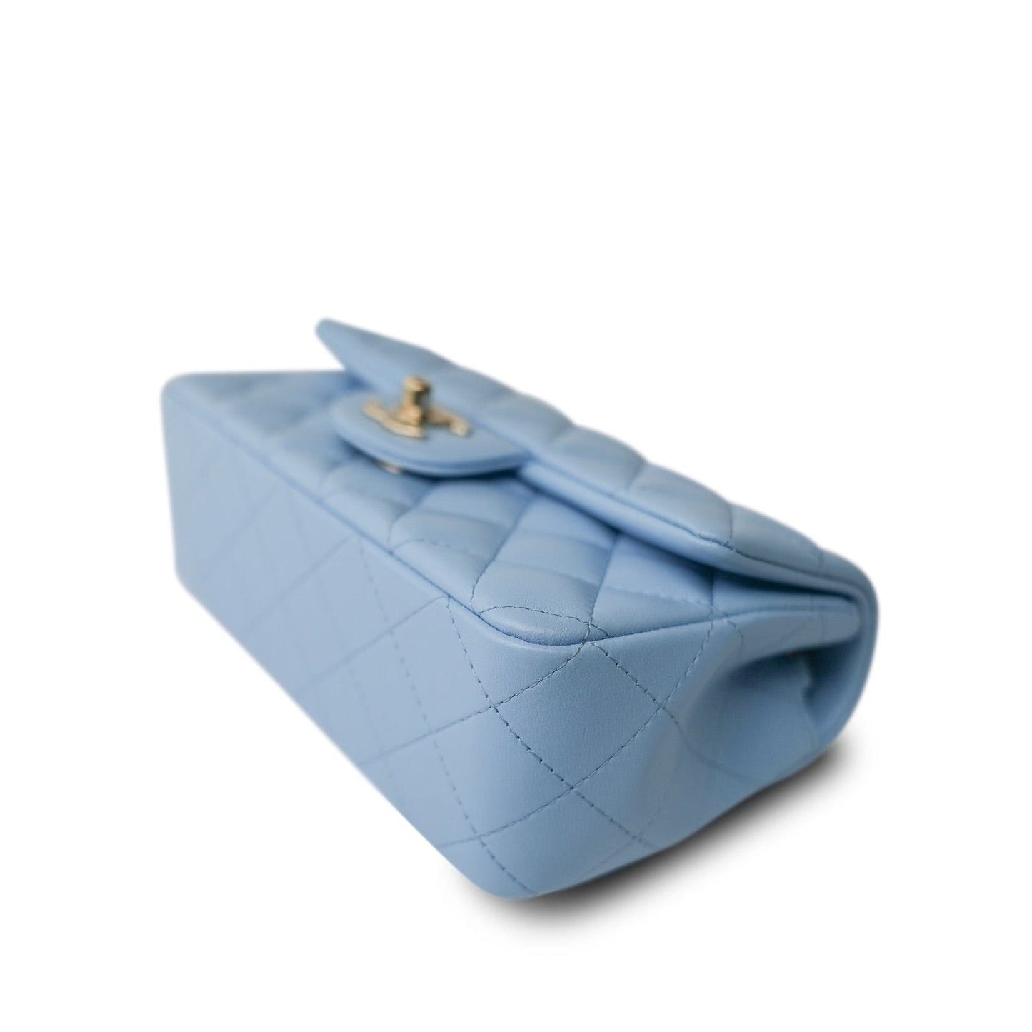 Light Blue Lambskin Quilted Mini Rectangular Flap LGHW