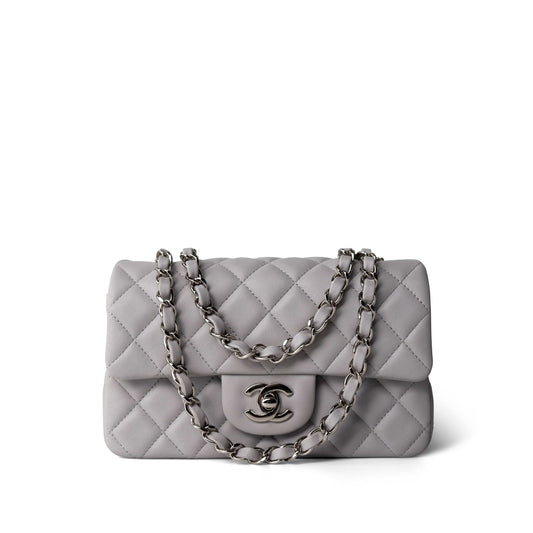 20C Light Grey Lambskin Quilted Mini Rectangular Flap Silver Hardware