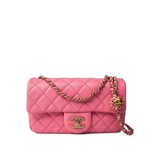 22S Pink Lambskin Quilted Mini Rectangular Pearl Crush Antique Gold Hardware