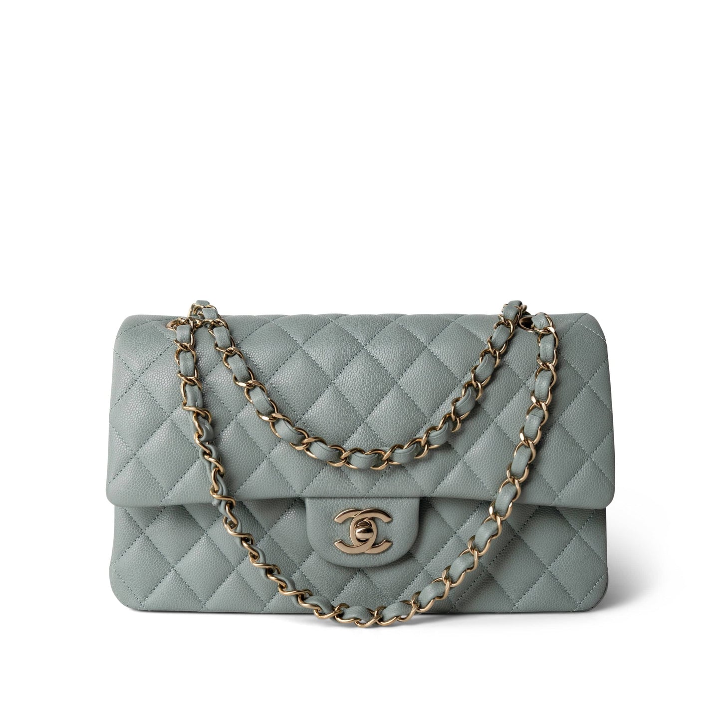 Light Green Caviar Quilted Classic Flap Medium Light Gold Hardware
