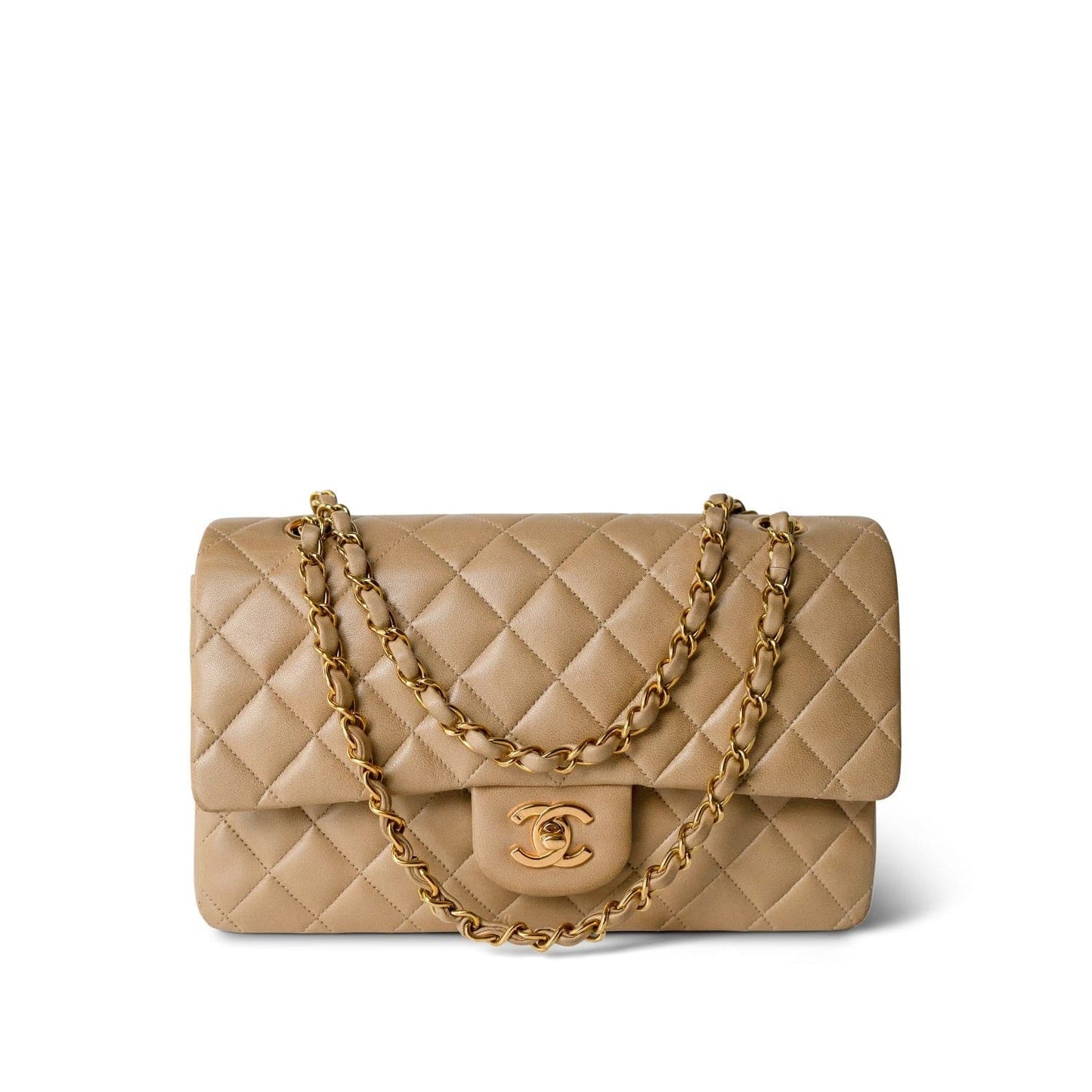 Dark Beige Lambskin Quilted Vintage Classic Flap Medium Gold Hardware