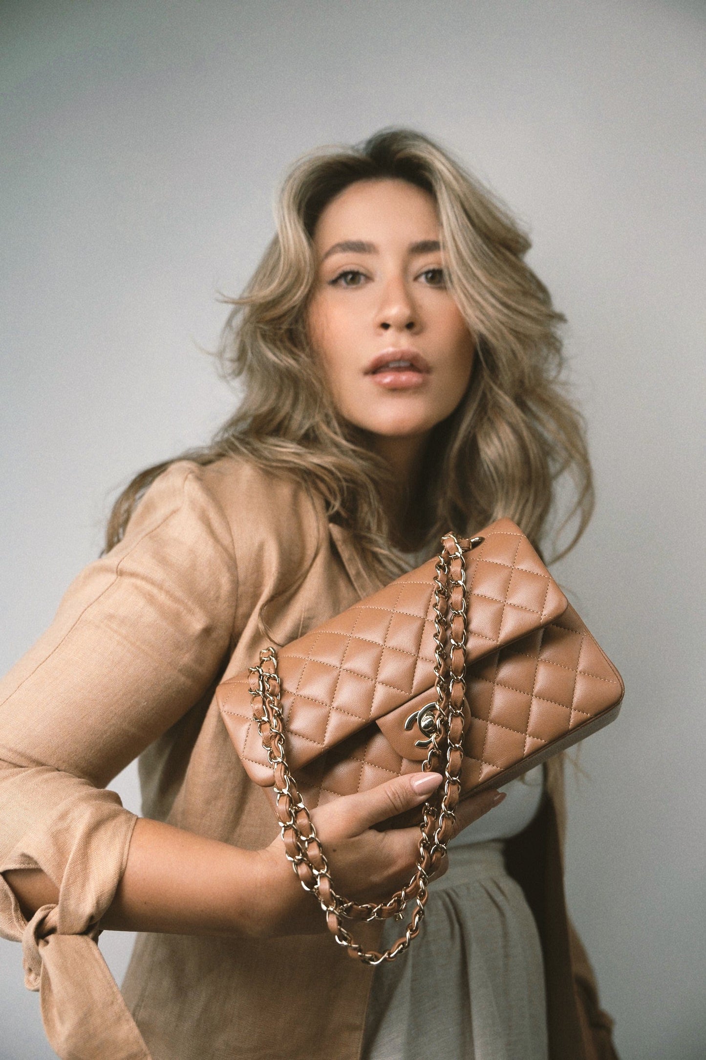 22S Caramel Lambskin Quilted Classic Flap Small Light Gold Hardware