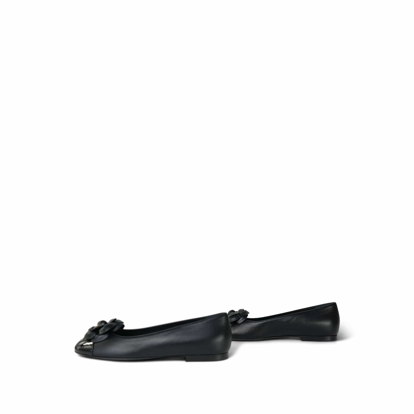 24P Black Lambskin Camellia CC Patent Cap Toe Ballerina Flats Size 36.5