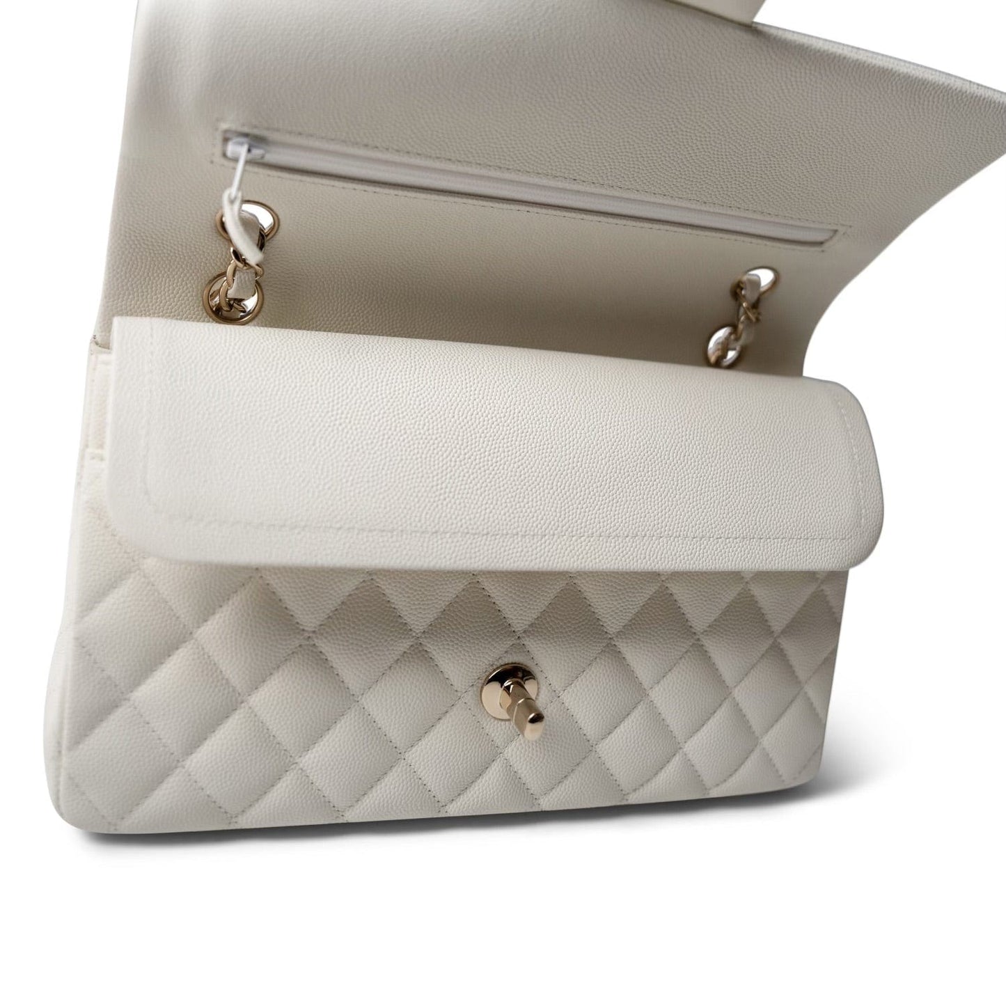 Ivory Caviar Quilted Classic Flap Medium Light Gold Hardware