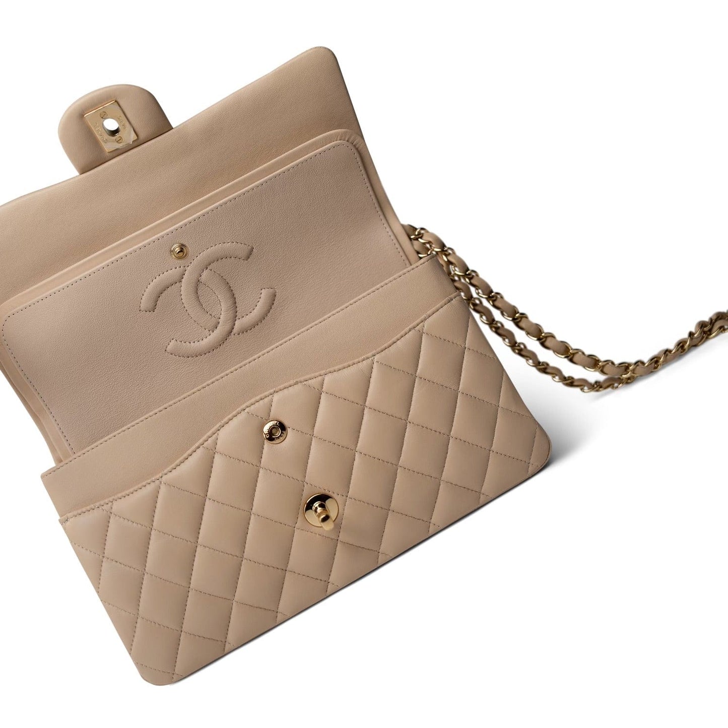 Beige Lambskin Quilted Classic Flap Medium Gold Hardware