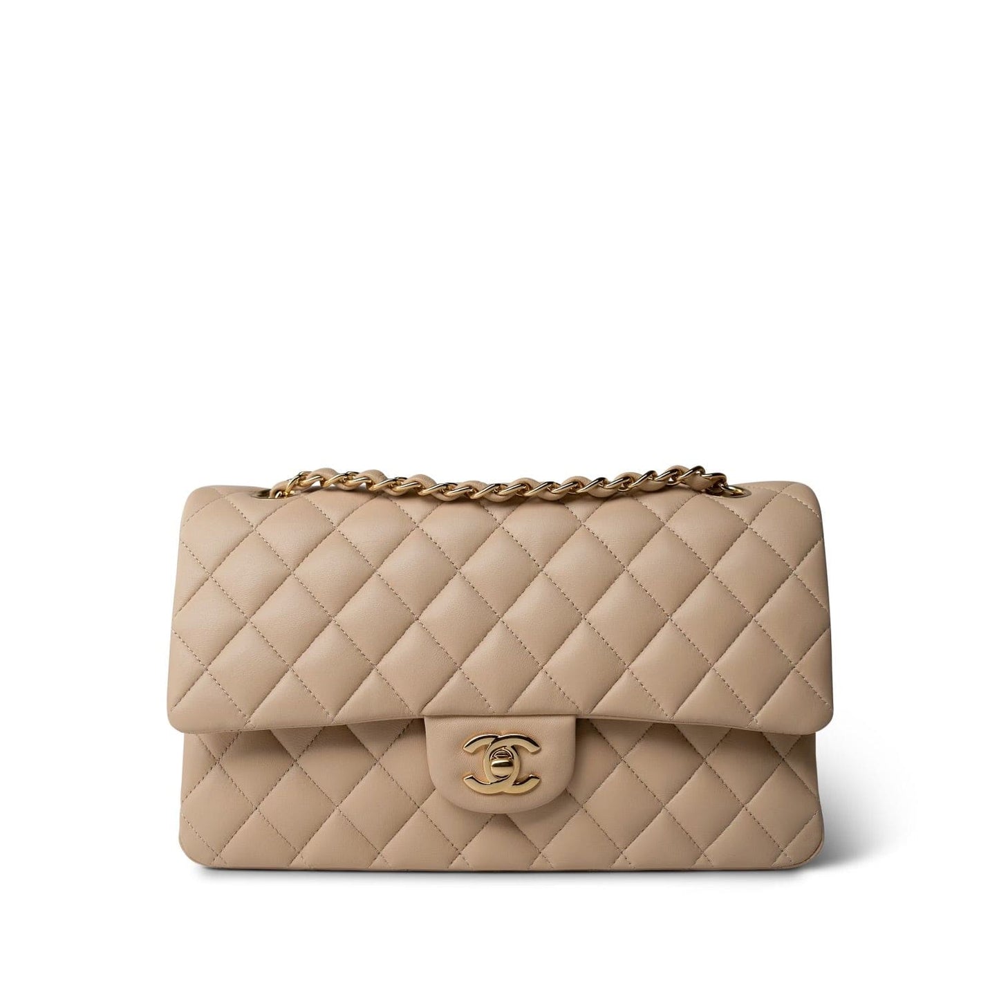Beige Lambskin Quilted Classic Flap Medium Gold Hardware