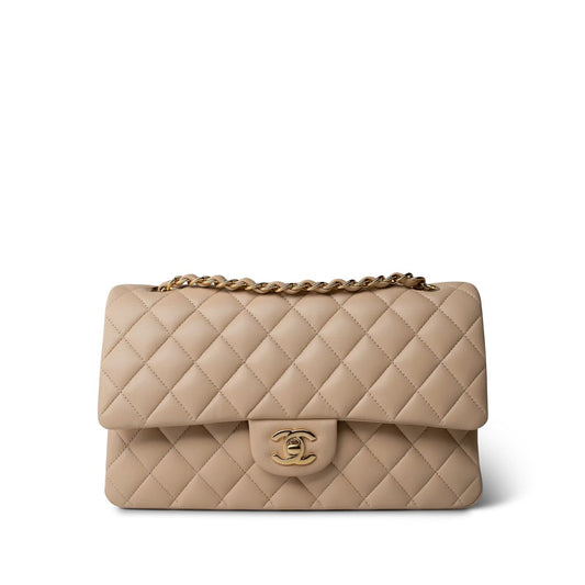 Beige Lambskin Quilted Classic Flap Medium Gold Hardware