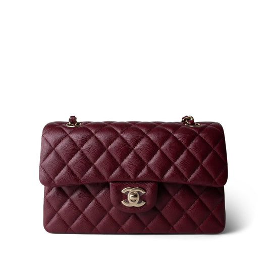 Wine/Burgundy Caviar Quilted Small Classic Double Flap LGHW