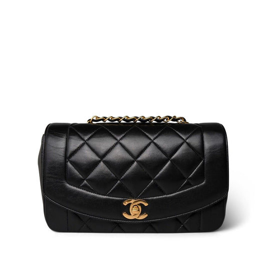 Black Lambskin Quilted Diana Flap Small Gold Hardware