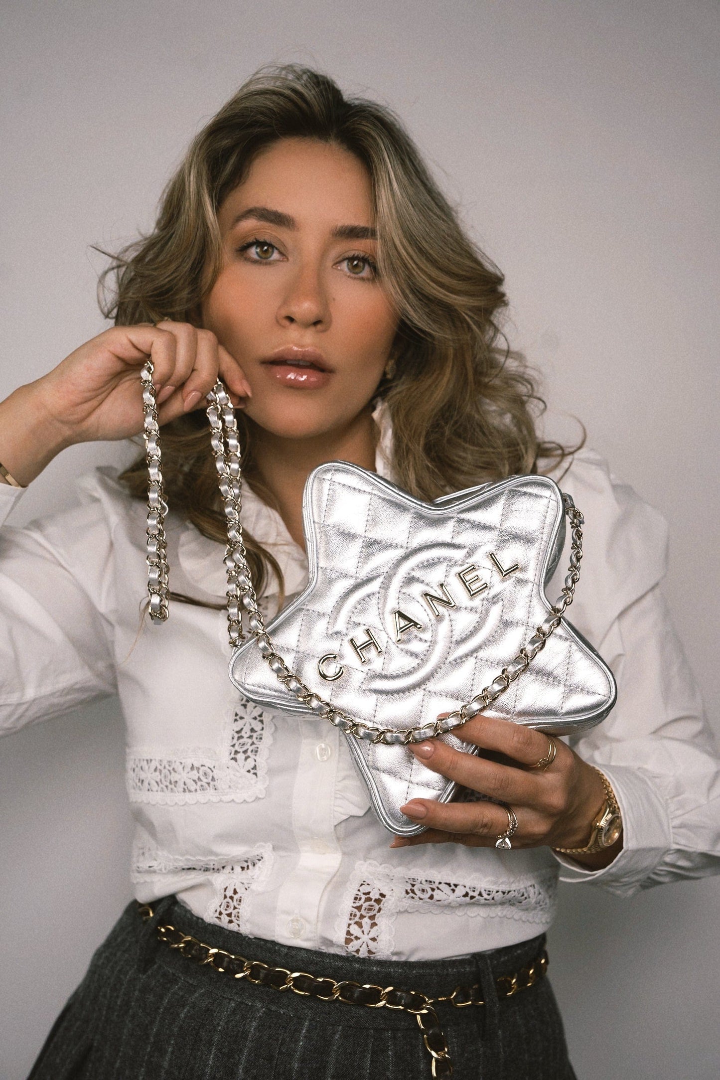 24C Metallic Silver Lambskin Quilted Star Bag Light Gold Hardware