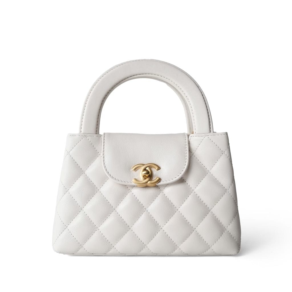 24P Shiny Aged Calfskin Quilted Nano Kelly Shopper White Aged Gold Hardware