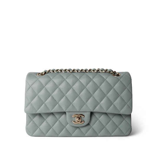 Light Green Caviar Quilted Classic Flap Medium Light Gold Hardware
