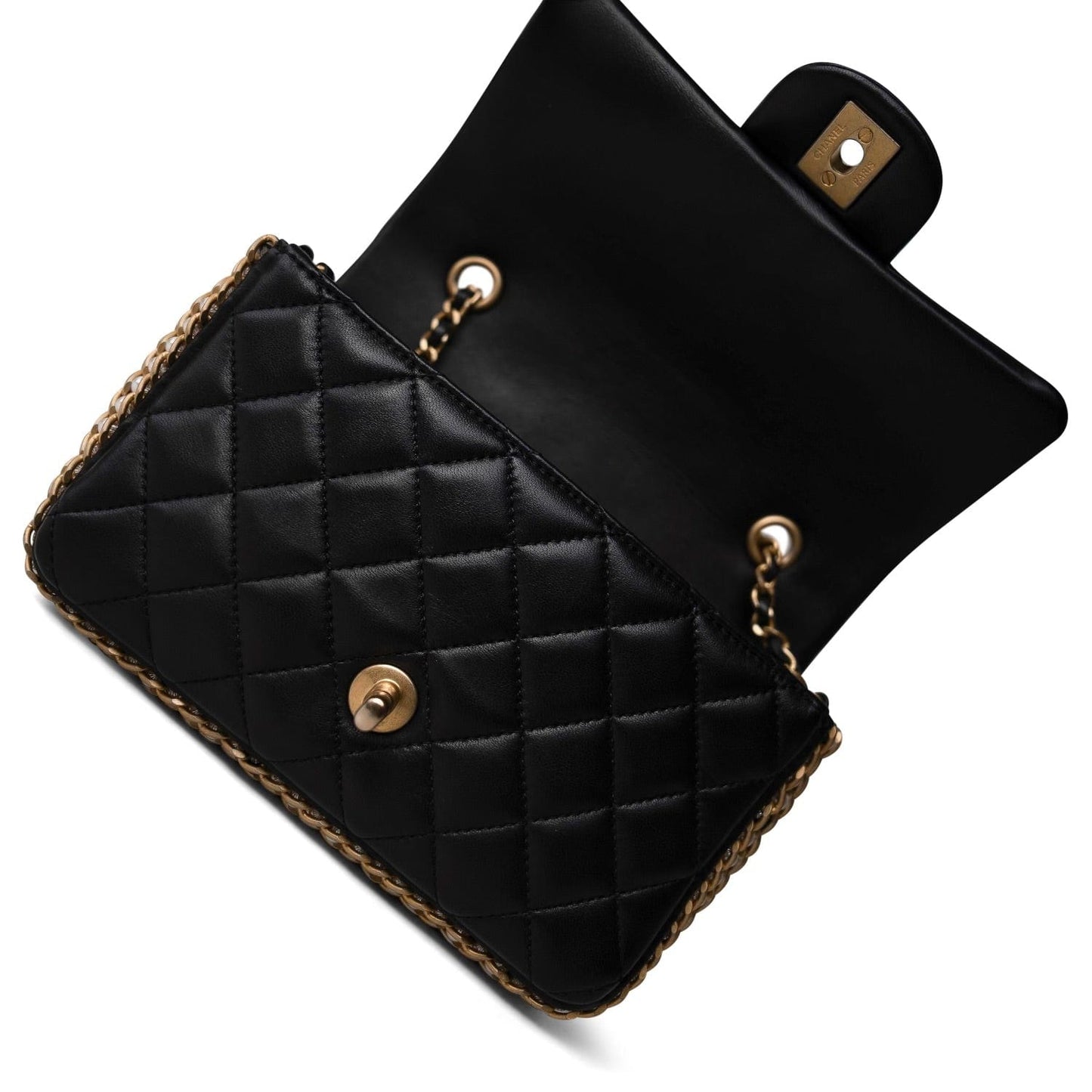 Black Lambskin Quilted Mini River of Pearls Flap Bag Aged Gold Hardware