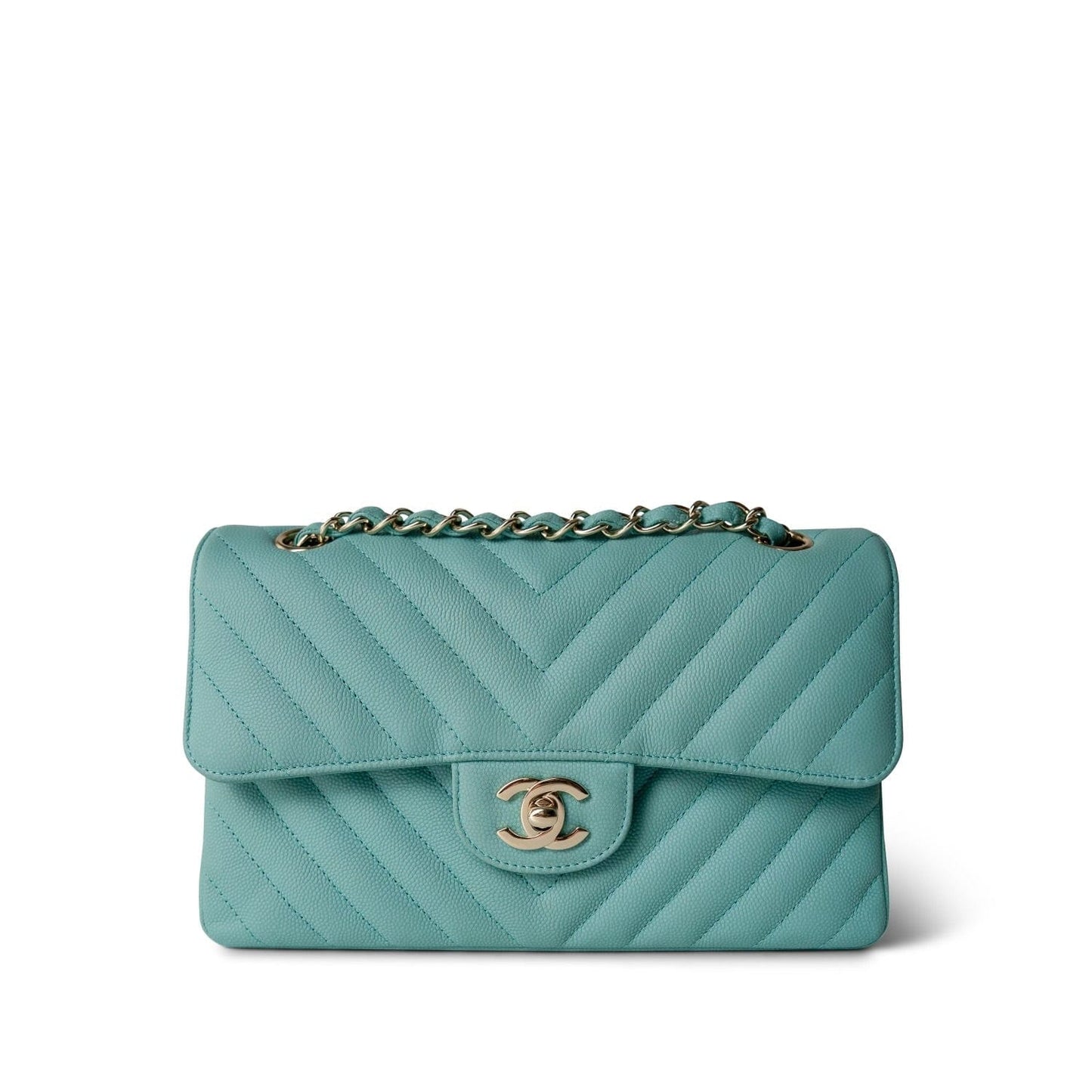 Tiffany Blue Caviar Chevron Quilted Classic Flap Small LGHW
