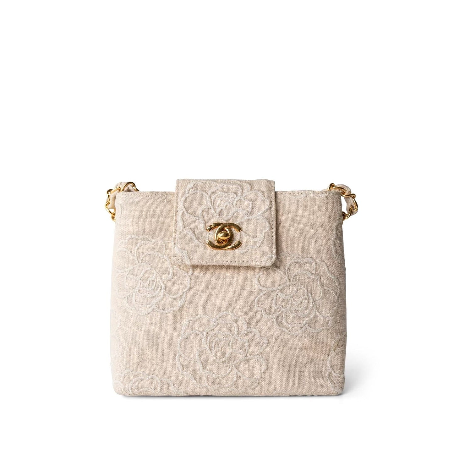 Ivory Canvas Camellia Bucket Bag Gold Hardware