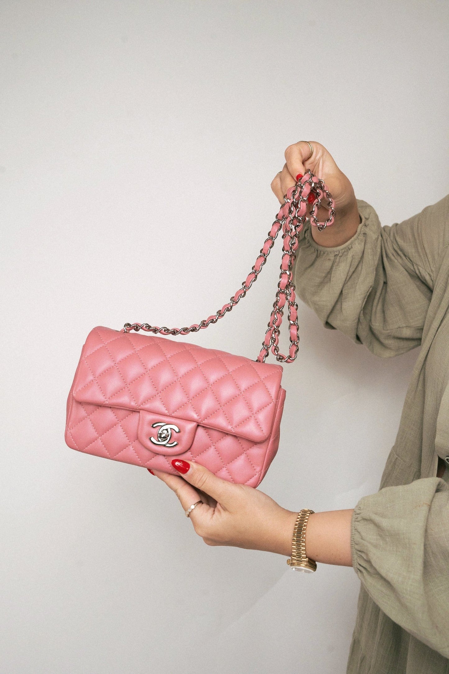 Pink/ Rose Nude Lambskin Quilted Mini Rectangular Flap Silver Hardware