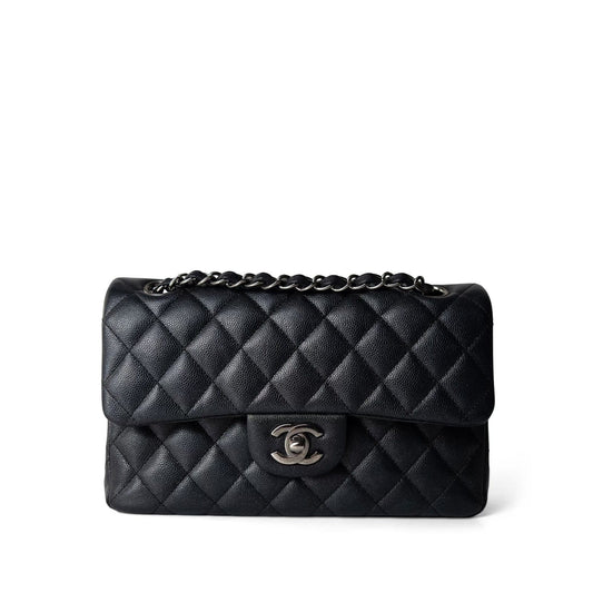 18C Charcoal Glittery Caviar Quilted Classic Flap Small