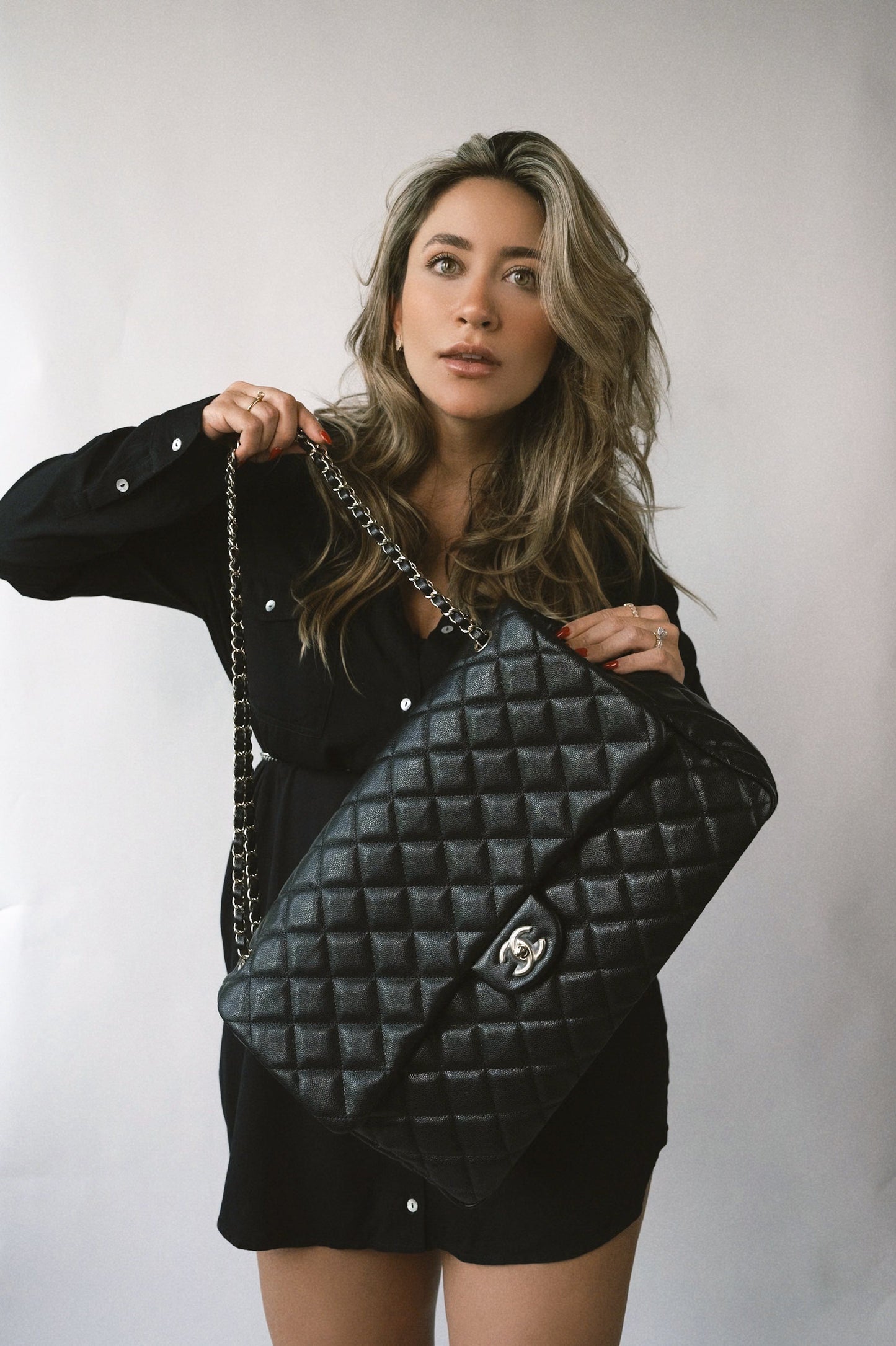 Black Caviar Quilted XXL Jumbo Single Flap Light Gold Hardware