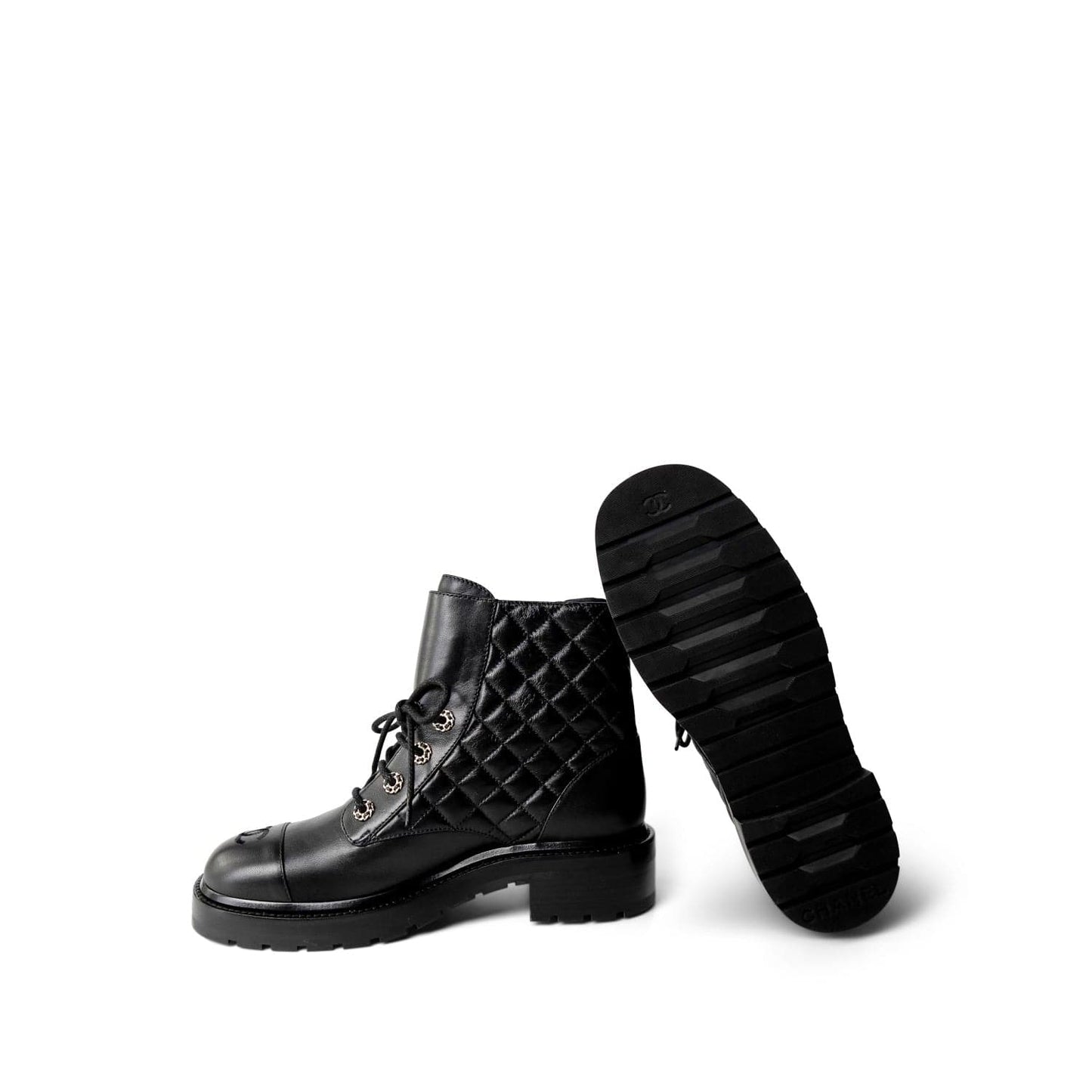 Black Calfskin Quilted Lace up Combat Boots Size 40