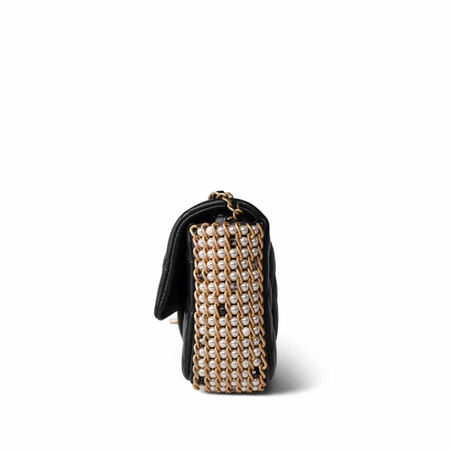 Black Lambskin Quilted Mini River of Pearls Flap Bag Aged Gold Hardware