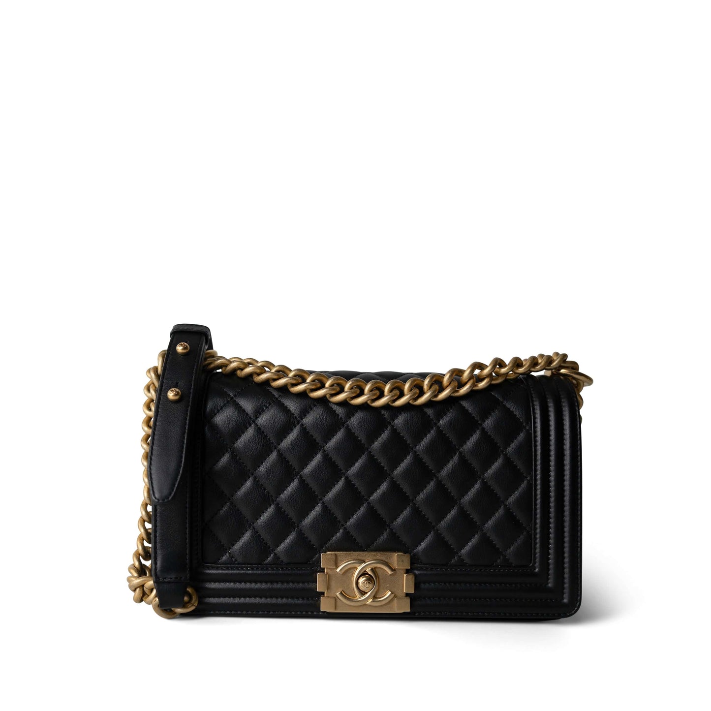 Black Calfskin Quilted Old Medium Boy Bag Aged Gold Hardware