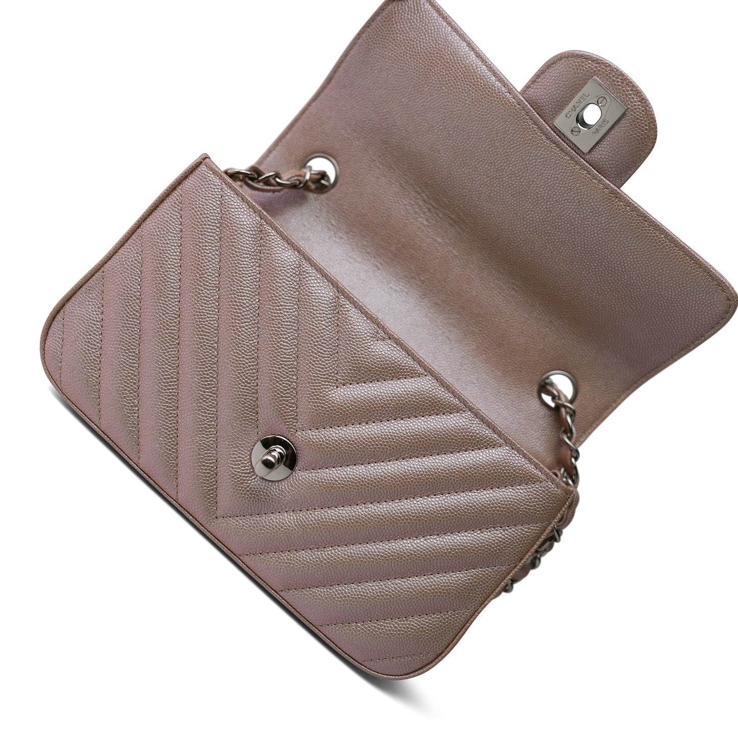 17B Rose Gold Iridescent Caviar Chevron Mini Rectangular Flap Silver Hardware