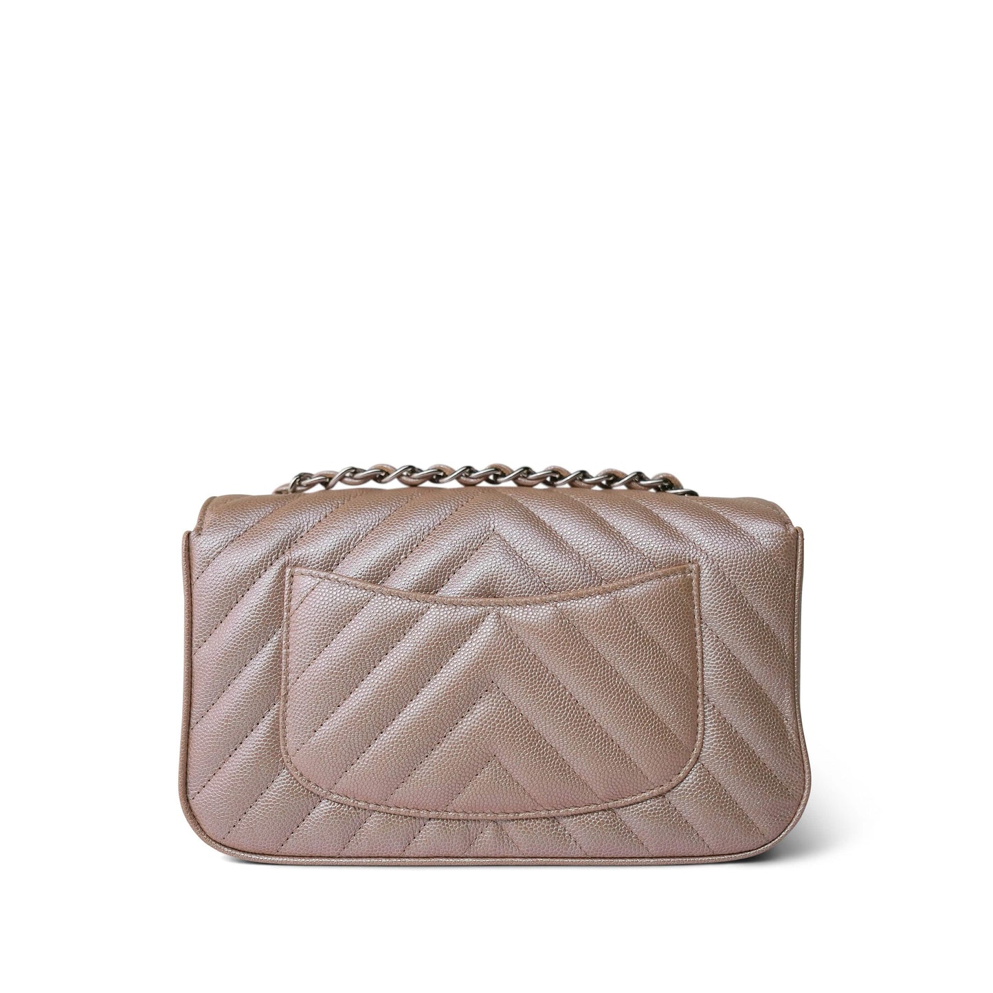 17B Rose Gold Iridescent Caviar Chevron Mini Rectangular Flap Silver Hardware