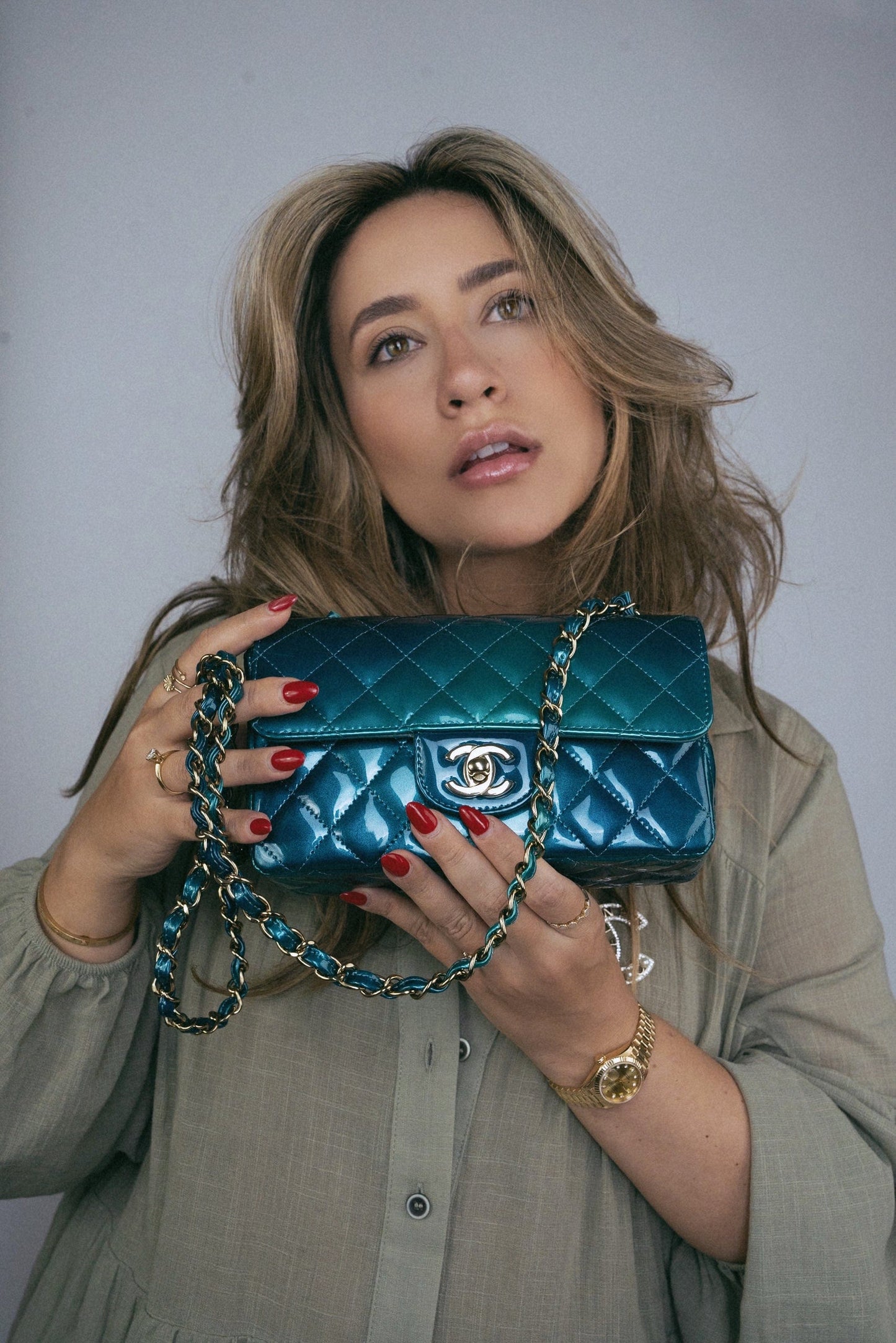 23P Multi Tone Green Patent Quilted Mini Rectangular Flap Light Gold Hardware