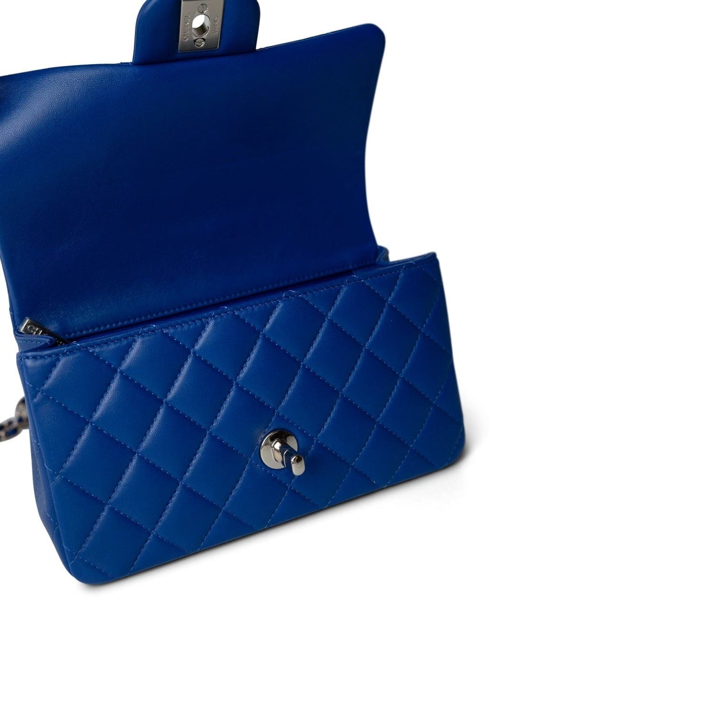 Blue Lambskin Quilted Mini Top Handle Light Gold Hardware