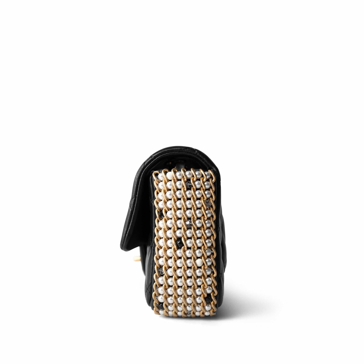 Black Lambskin Quilted Mini River of Pearls Flap Bag Aged Gold Hardware