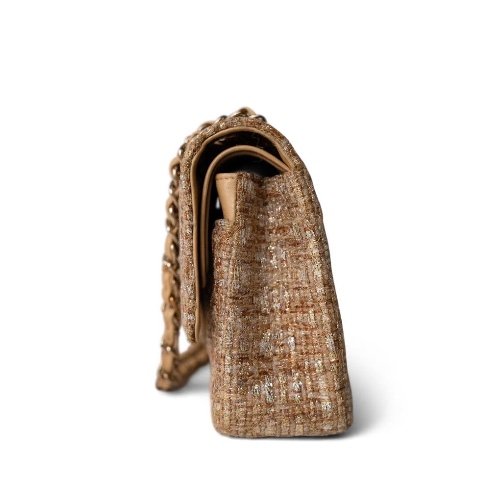 Bronze Gold Silver Tweed Quilted Beige Classic Flap Medium
