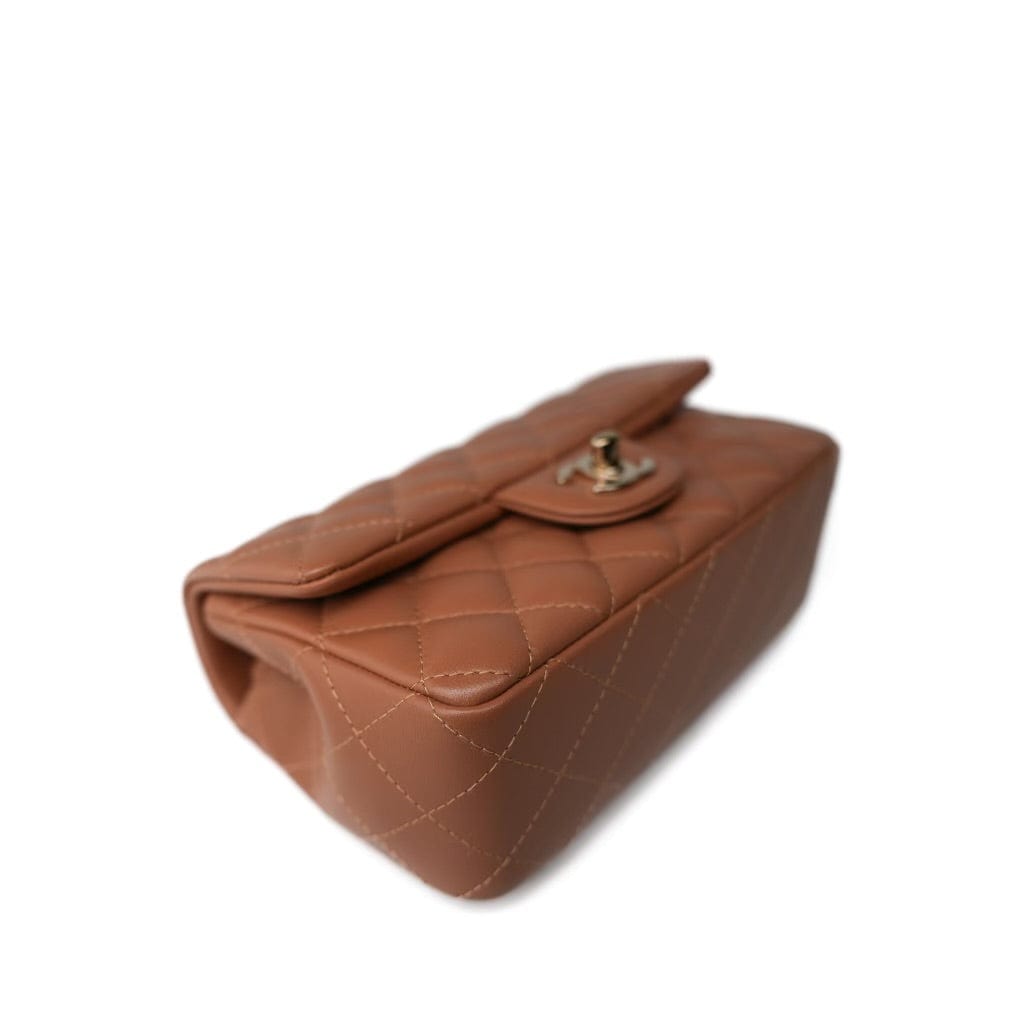 22S Caramel Lambskin Quilted Mini Rectangular Flap Light Gold Hardware