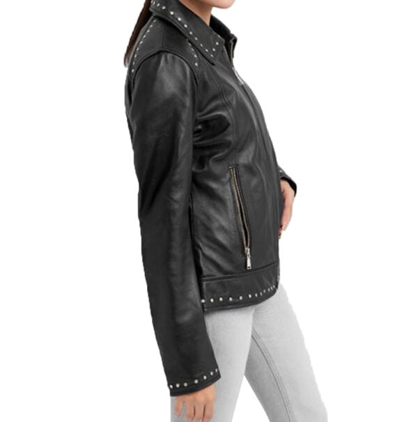 For Womens Classic Studded Black Leather Jacket