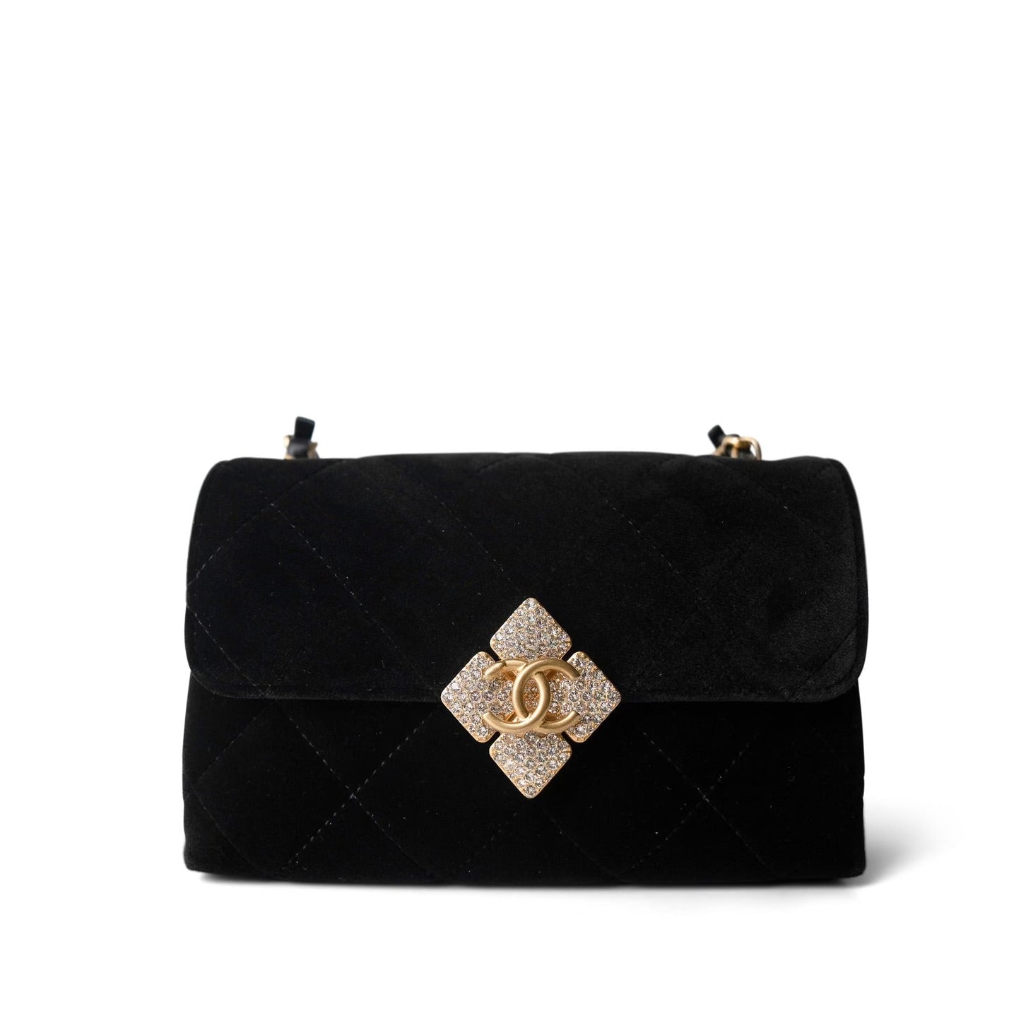 Black Velvet Strass Evening Bag Diamond Lock Flap Bag Aged GHW