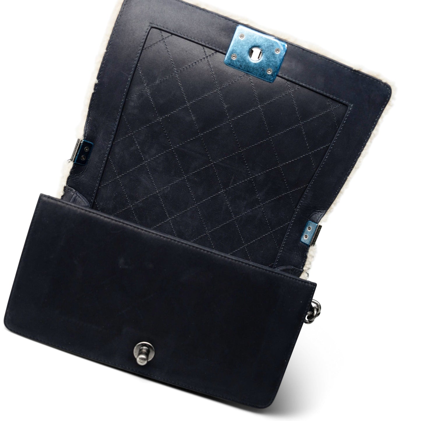 Navy/Cream Shearling Boy Bag Old Medium Ruthenium Hardware