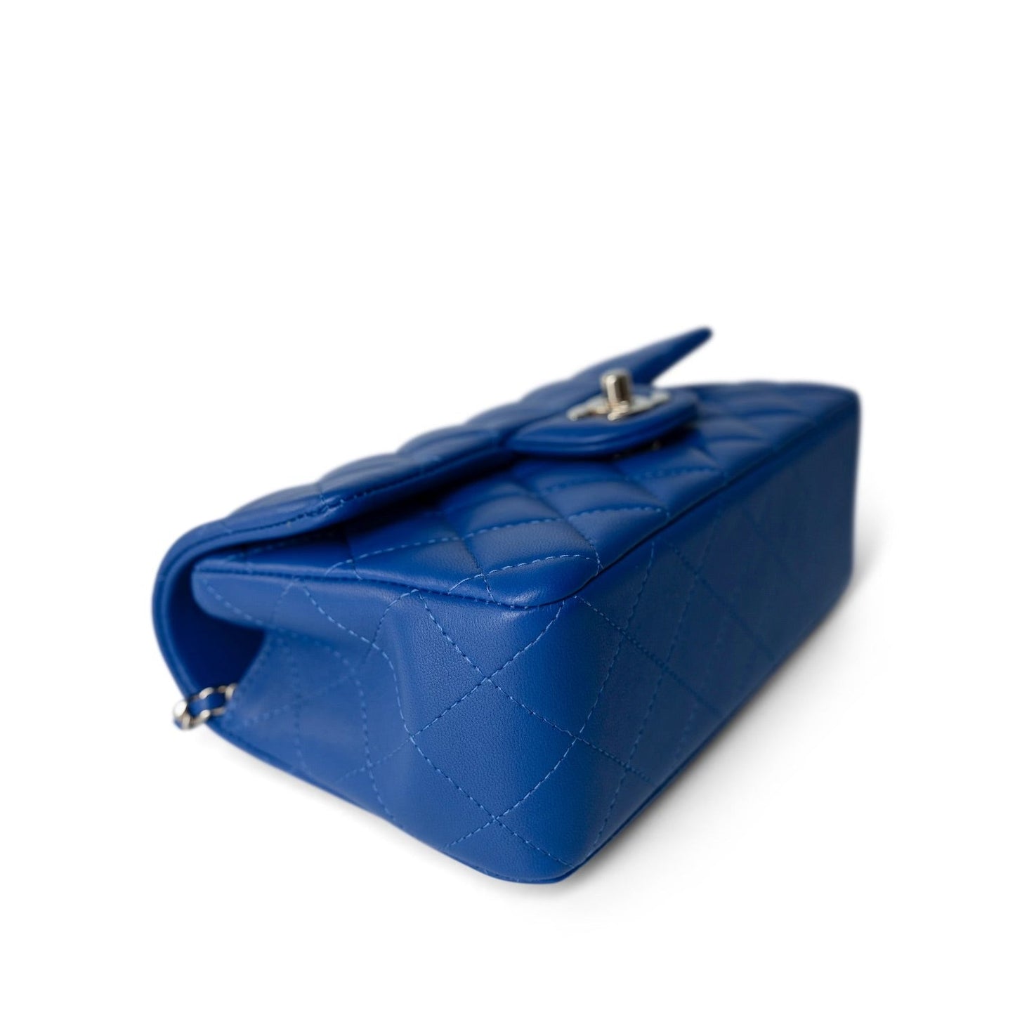 Blue Lambskin Quilted Mini Top Handle Light Gold Hardware