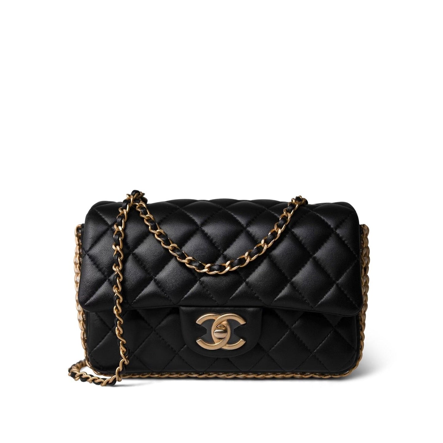 Black Lambskin Quilted Mini River of Pearls Flap Bag Aged Gold Hardware
