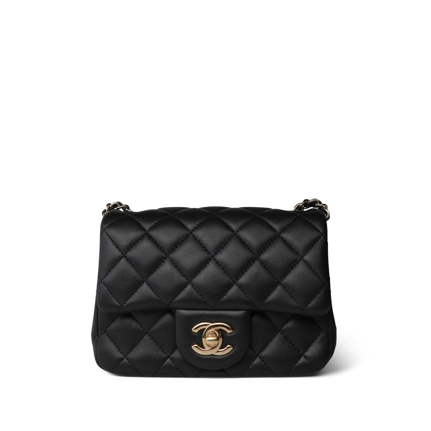 Black Lambskin Quilted Pearl Crush Mini Square Flap Light Gold Hardware