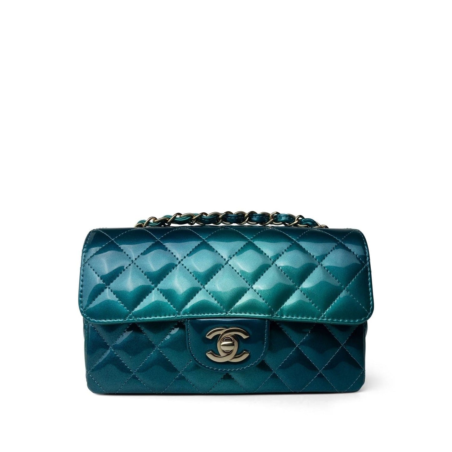 23P Multi Tone Green Patent Quilted Mini Rectangular Flap Light Gold Hardware