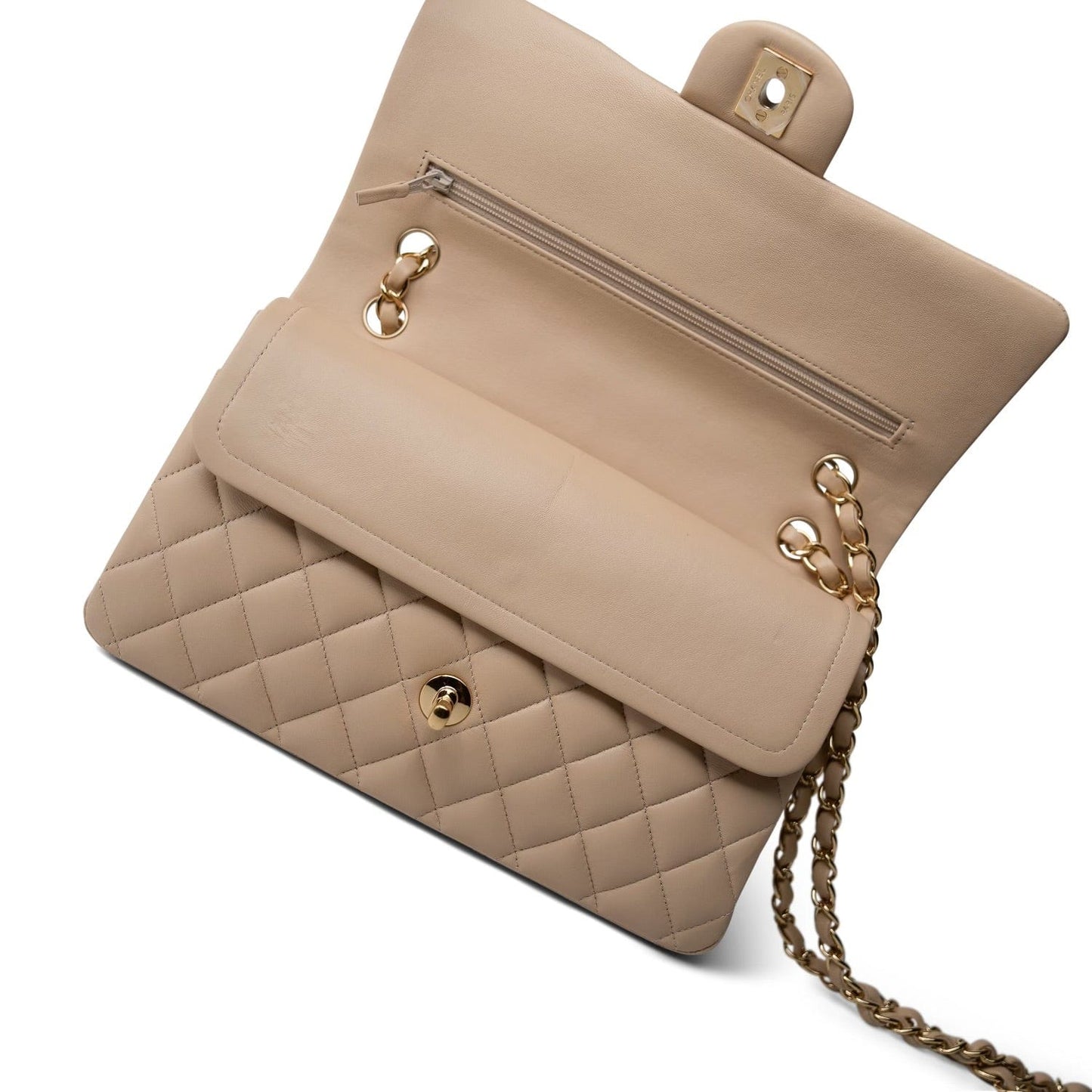 Beige Lambskin Quilted Classic Flap Medium Gold Hardware
