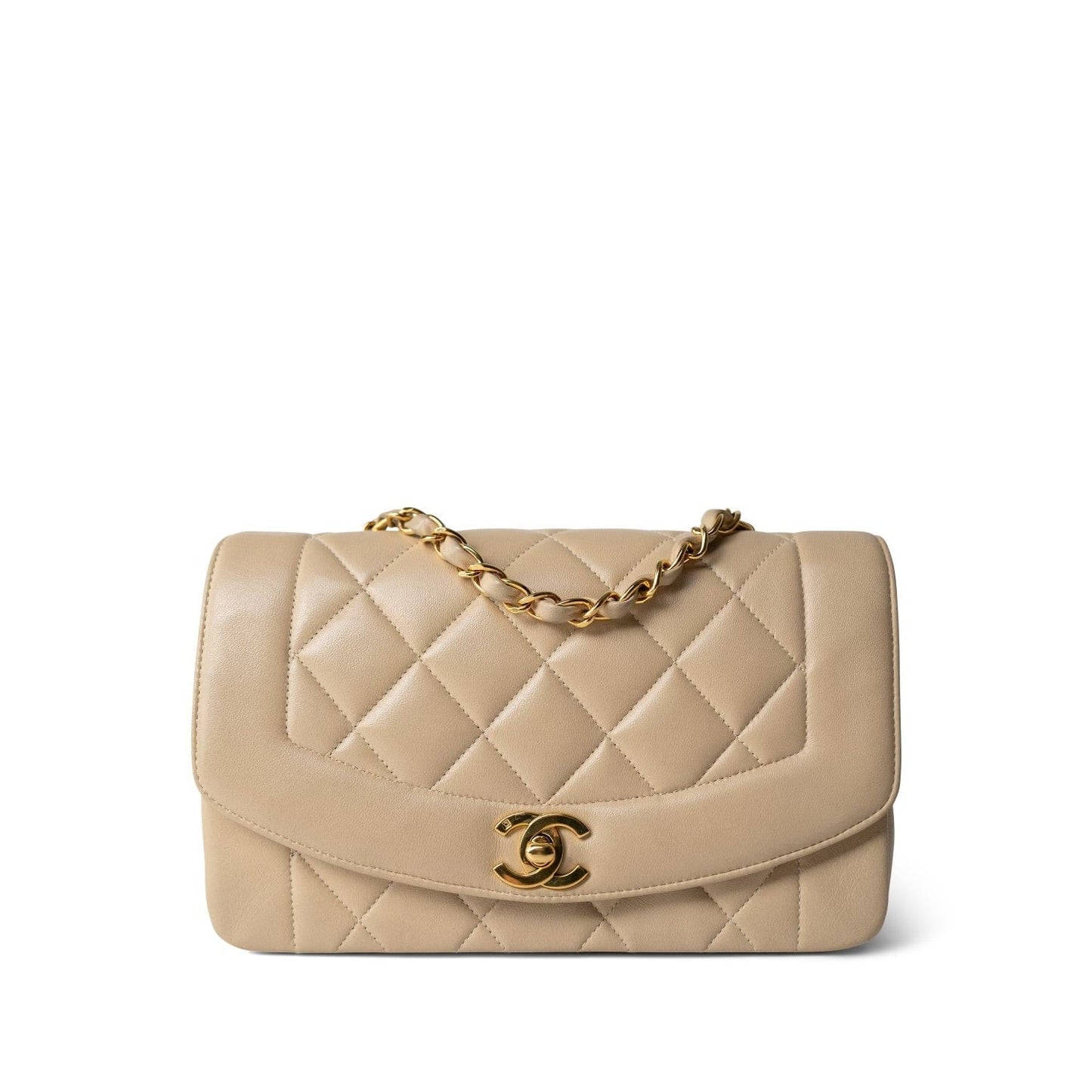Light Beige Lambskin Quilted Diana Flap Small Gold Hardware