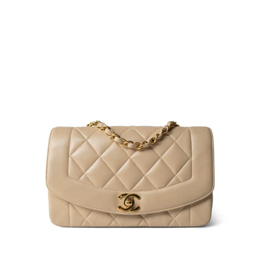 Light Beige Lambskin Quilted Diana Flap Small Gold Hardware