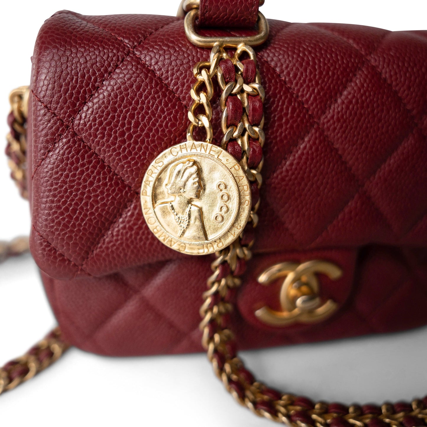 Burgundy Caviar Quilted Chain Medallion Flap Mini Antique Gold Hardware